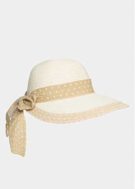 White, lady’s hat with beige dotted ribbon