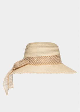 Beige hat with striped ribbon