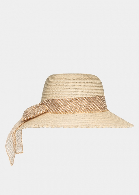 Beige hat with striped ribbon