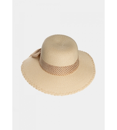 Beige hat with striped ribbon