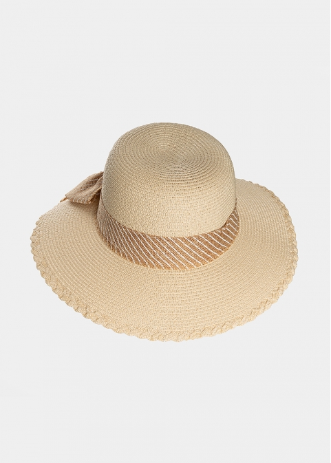 Beige hat with striped ribbon