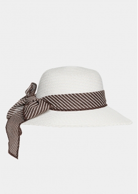White hat with striped ribbon