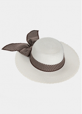 White hat with striped ribbon