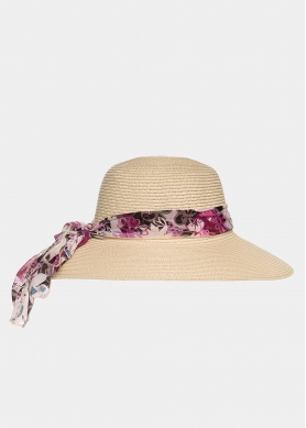 Beige hat with colourful foulard