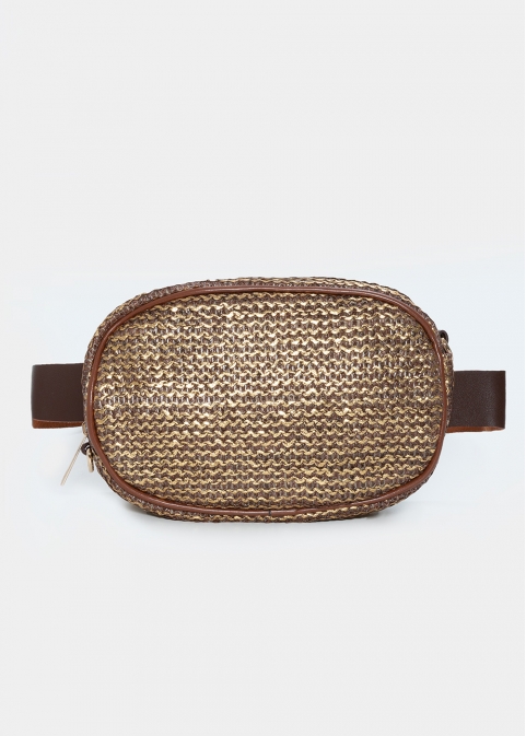 straw small belt bag in brown rose gold