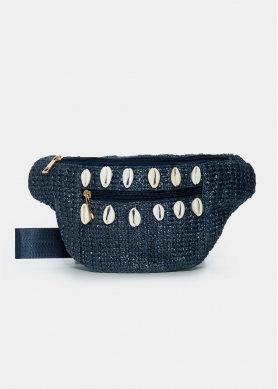 Straw belt bag with shells in navy blue