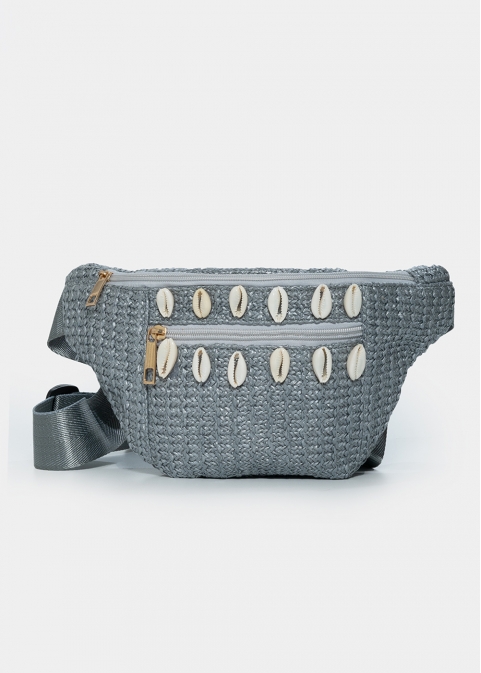 Straw belt bag with shells in grey silver 