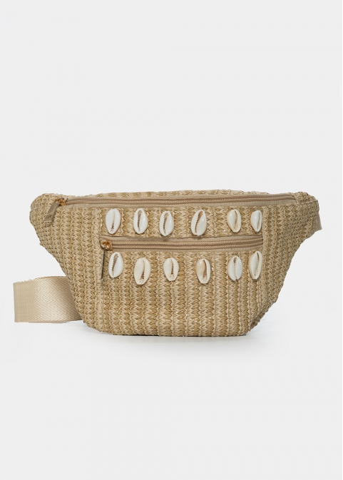 Straw belt bag with shells in beige