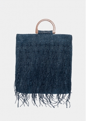 straw bag with fringes in navy blue