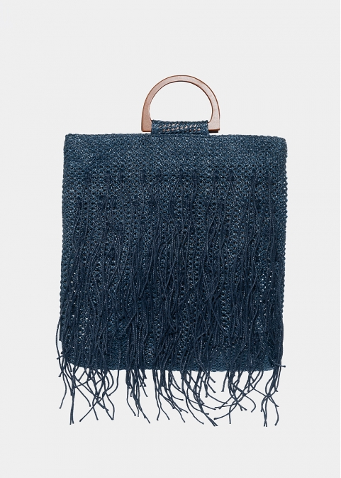 straw bag with fringes in navy blue