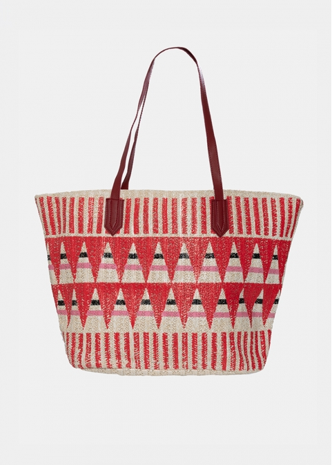 straw bag with red print