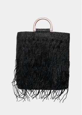straw bag with fringes in black