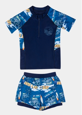 Blue Printed Boys Swimsuit (Shirt & Shorts)