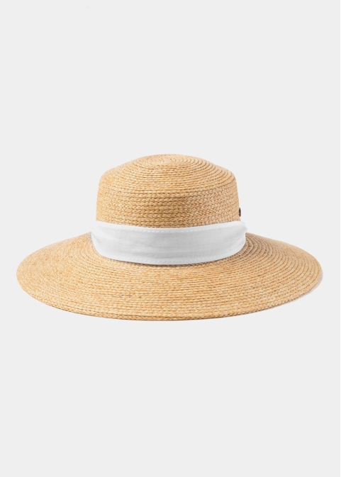 Natural Raffia Hat w/ White Neck Tie Ribbon