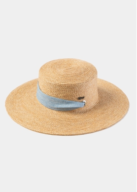 Natural Raffia Hat w/ Light Blue Neck Tie Ribbon