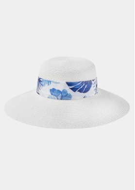 White Hat w/ Patterned Ribbon