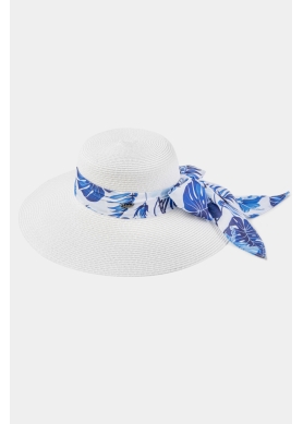 White Hat w/ Patterned Ribbon