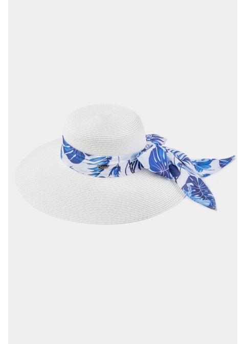 White Hat w/ Patterned Ribbon