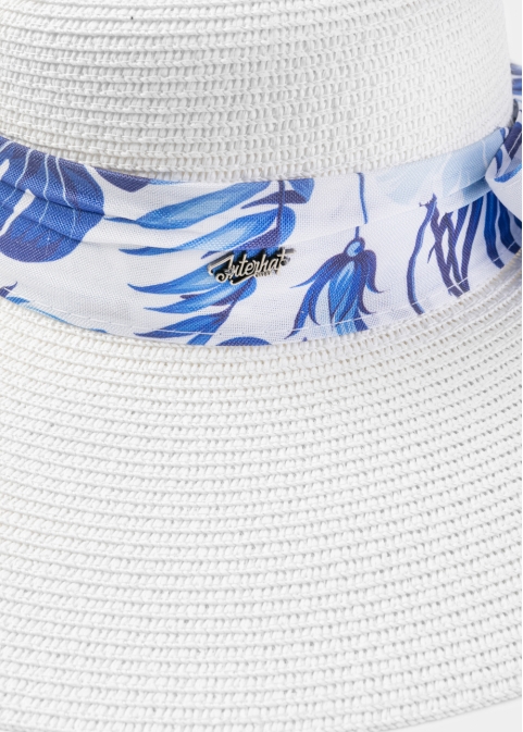 White Hat w/ Patterned Ribbon