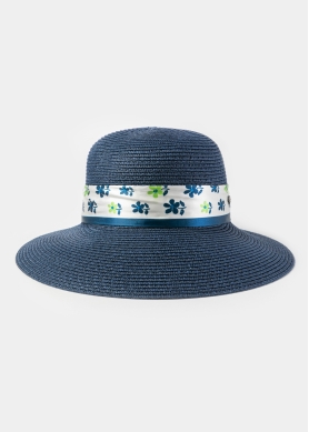 Navy Blue Hat w/ Patterned Satin Ribbon