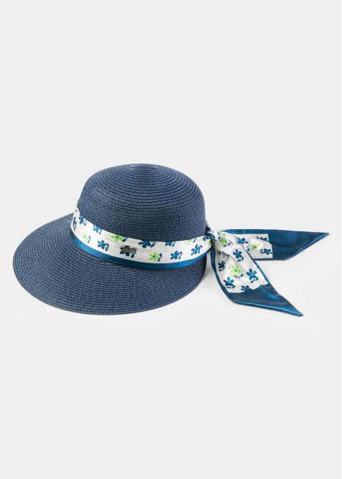 Navy Blue Hat w/ Patterned Satin Ribbon