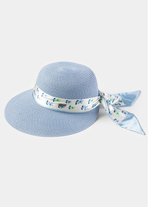 Light Blue Hat w/ Patterned Satin Ribbon