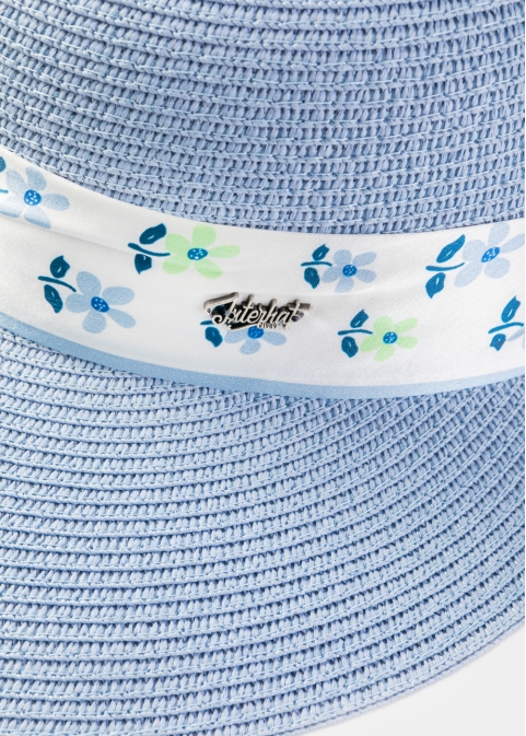 Light Blue Hat w/ Patterned Satin Ribbon