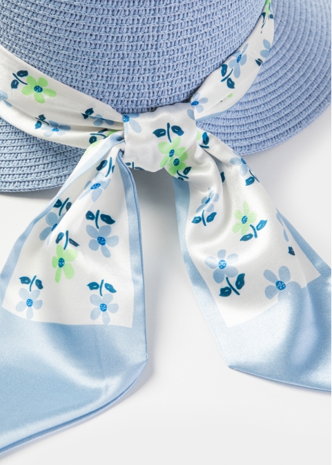 Light Blue Hat w/ Patterned Satin Ribbon