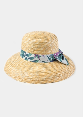 Natural Straw Bell Hat w/ Patterned Ribbon