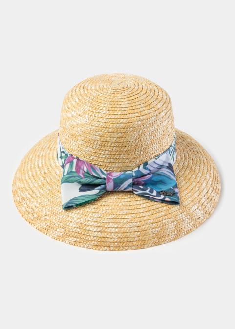 Natural Straw Bell Hat w/ Patterned Ribbon