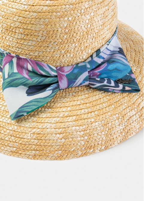 Natural Straw Bell Hat w/ Patterned Ribbon