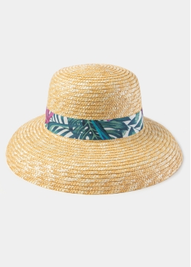 Natural Straw Bell Hat w/ Patterned Ribbon