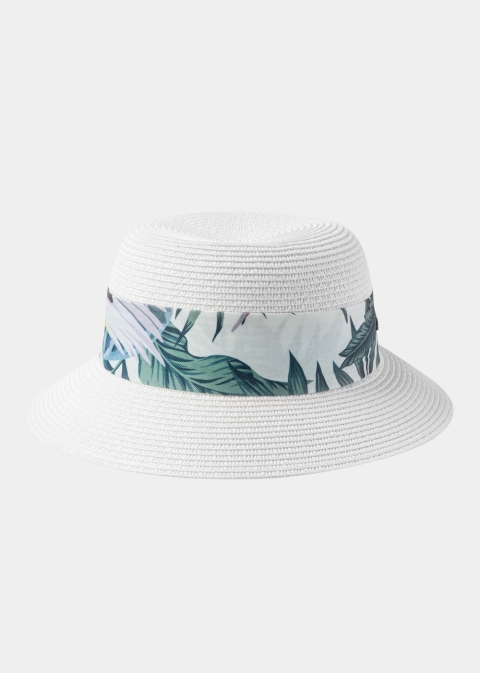 White Hat w/ Patterned Ribbon