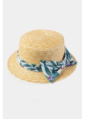 Natural Straw Boater Hat w/ Green Patterned Ribbon