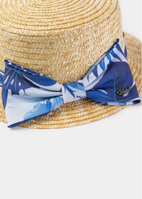 Natural Straw Boater Hat w/ Blue Patterned Ribbon