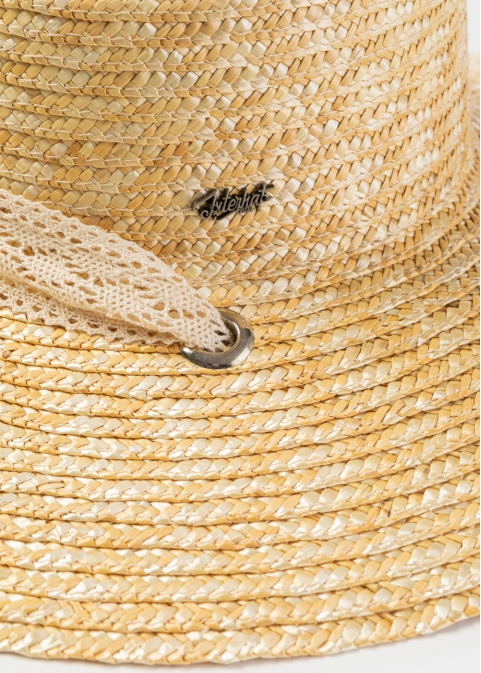 Natural Straw Hat w/ Laced Neck Tie Ribbon