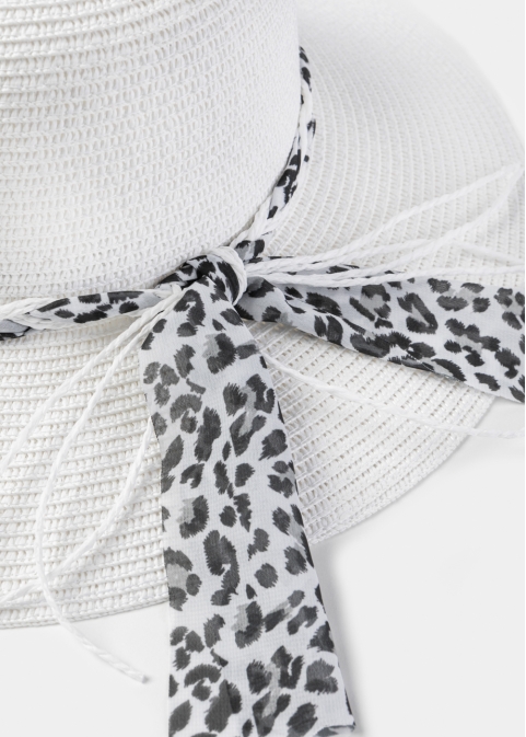 White Hat w/ Leopard Braided Ribbon
