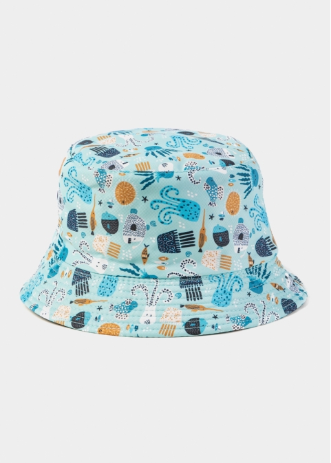 Blue Double Face Kids Bucket Hat w/ Sea Elements Pattern 