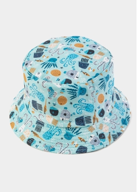 Blue Double Face Kids Bucket Hat w/ Sea Elements Pattern 