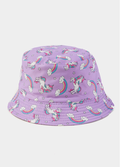 Purple Double Face Kids Bucket Hat w/ Unicorns Pattern 