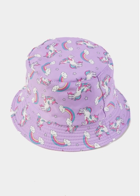 Purple Double Face Kids Bucket Hat w/ Unicorns Pattern 