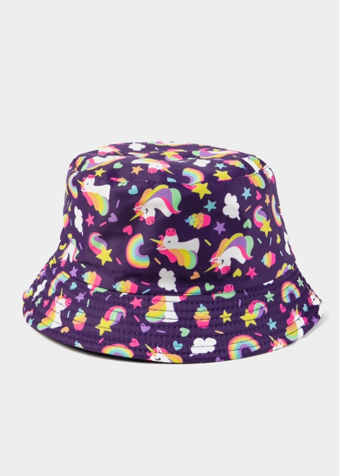 Navy Blue Double Face Kids Bucket Hat w/ Unicorns Pattern 