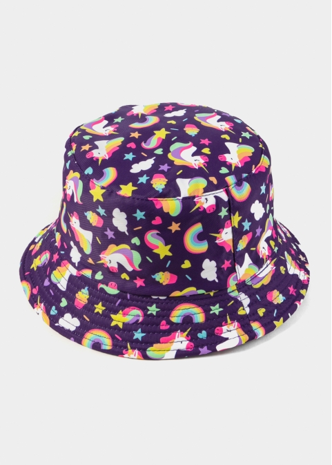 Navy Blue Double Face Kids Bucket Hat w/ Unicorns Pattern 