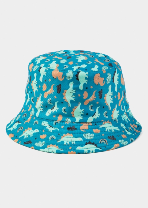 Blue Double Face Kids Bucket Hat w/ Dinosaurs Pattern 