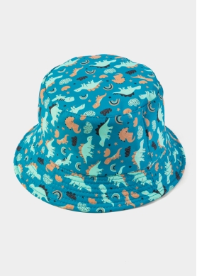 Blue Double Face Kids Bucket Hat w/ Dinosaurs Pattern 