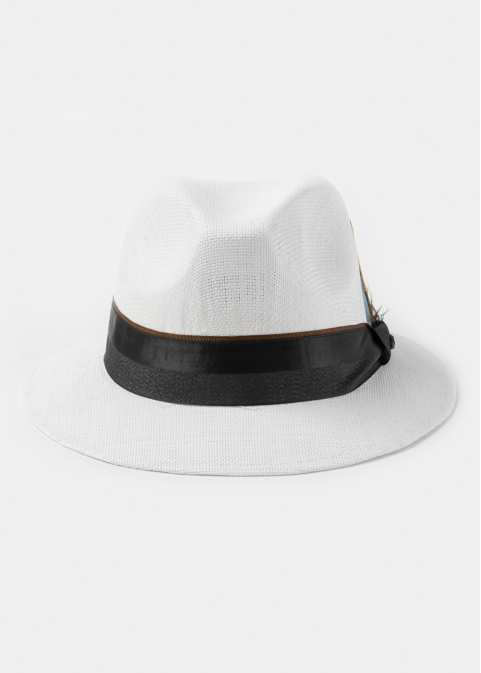 White Panama Style Hat w/ Black Hatband & Feathers