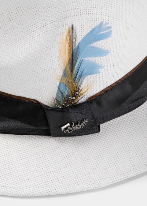 White Panama Style Hat w/ Black Hatband & Feathers