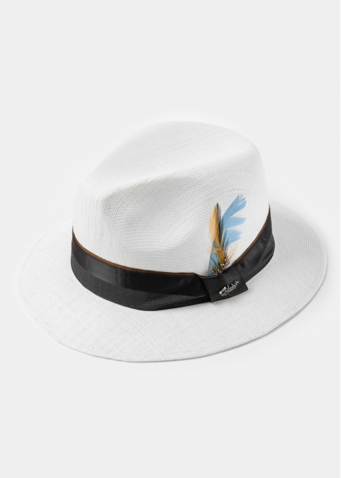 White Panama Style Hat w/ Black Hatband & Feathers