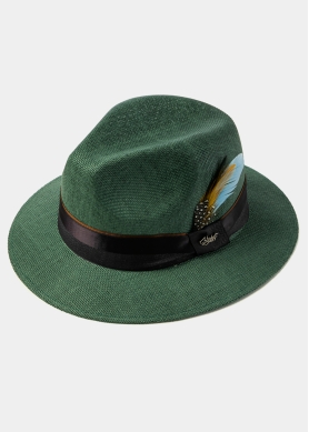 Forest Green Panama Style Hat w/ Black Hatband & Feathers