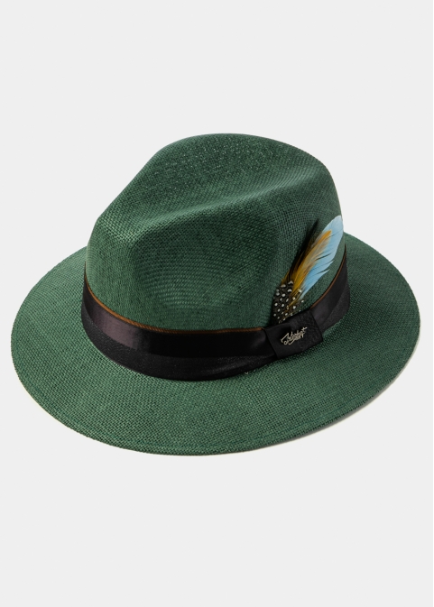 Forest Green Panama Style Hat w/ Black Hatband & Feathers